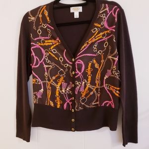 Vintage Talbots Women Sweater Petite Large Brown Cardigan Silk Merino Wo…